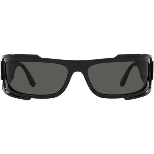 Rechteckige Sonnenbrille mit dunkelgrauer Linse und schwarzem Rahmen - Versace - Modalova