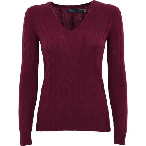 V-neck Knitwear, female, , Size: XL Burgundy Braided Sweater - Polo Ralph Lauren - Modalova