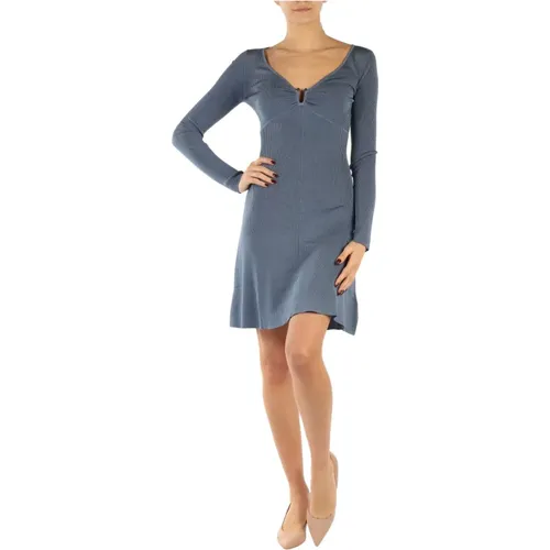 Geripptes V-Ausschnitt Kleid | Hellblau , Damen, Größe: M - Guess - Modalova