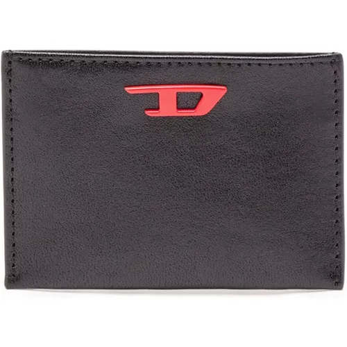 Leather card holder with red D plaque , male, Sizes: ONE SIZE - Diesel - Modalova