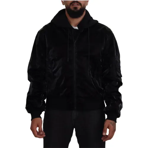 Bomber Jackets, male, , Size: M Nylon Hooded Full Zip Bomber Jacket - Dolce & Gabbana - Modalova