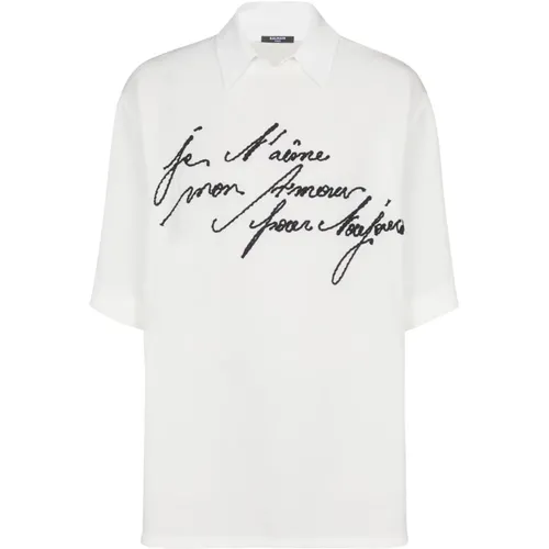 T-Shirt mit Hemdkragen und „Lettre d'amour“-Stickerei - Balmain - Modalova