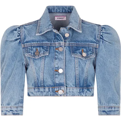 Denim Cropped Jacke mit Puffärmeln - pinko - Modalova