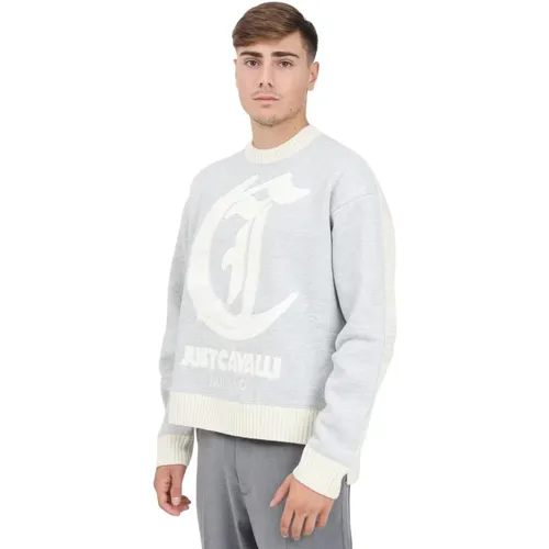 Bicolor Crew Neck Sweater Diamond Motif , Herren, Größe: L - Just Cavalli - Modalova