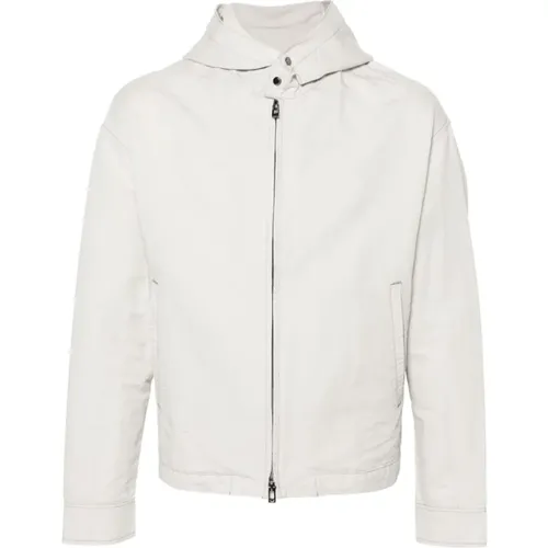 Grey Linen-Cotton Blend Hooded Coat , male, Sizes: S, XL, M, 2XL, L - Emporio Armani - Modalova