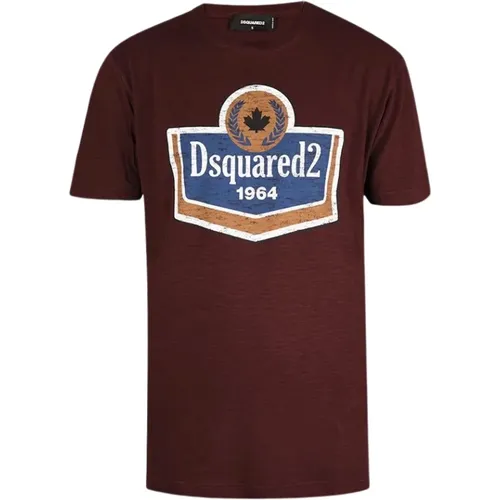 T-Shirts, male, , Size: XL Bordeaux Logo T-Shirt with Round Neck - Dsquared2 - Modalova