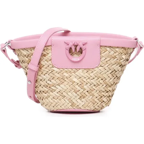 Hand-woven Raffia Leather Bag Natural Pink , female, Sizes: ONE SIZE - pinko - Modalova