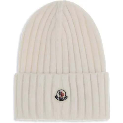 Beanies, female, , Size: ONE SIZE Ribbed Wool Beanie Hat - Moncler - Modalova