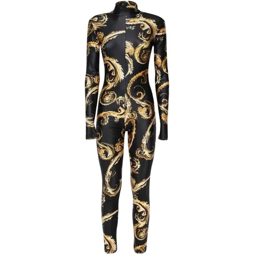 Jumpsuits, female, , Size: XL Baroque Print Jumpsuit Black Gold Dress - Versace Jeans Couture - Modalova