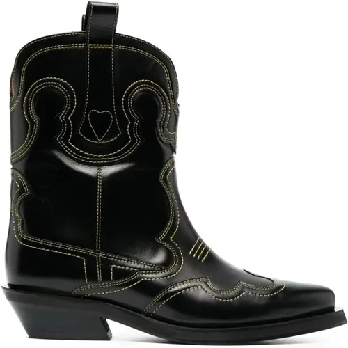 Leather Boots with Stitching Details , female, Sizes: 4 UK - Ganni - Modalova