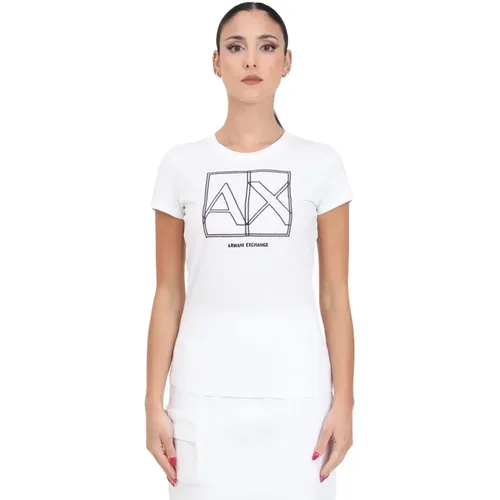 Weißes Besticktes Logo T-Shirt Frühling/Sommer , Damen, Größe: XS - Armani Exchange - Modalova