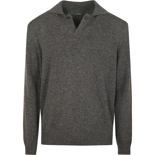 V-neck Knitwear, male, , Size: L Grey Wool Polo Sweater - Zanone - Modalova