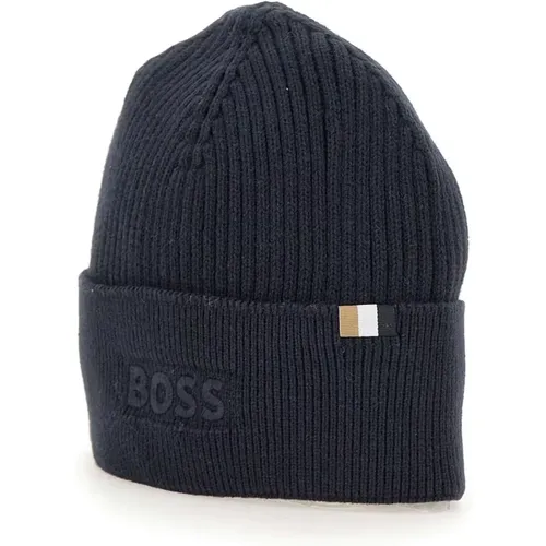 Beanies, male, , Size: ONE SIZE Navy Ribbed Wool Cotton Cap - Hugo Boss - Modalova