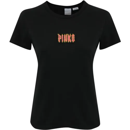 Cotton T-shirt with Logo Embroidery , female, Sizes: L, 2XS, M, XS, XL - pinko - Modalova