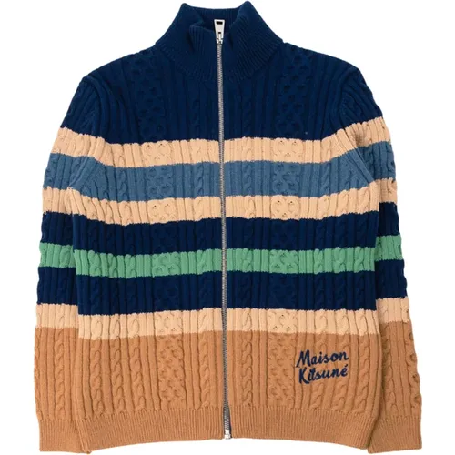 Cardigans, male, , Size: S Striped Cable Zipped Cardigan in Navy/Chamomile - Maison Kitsuné - Modalova