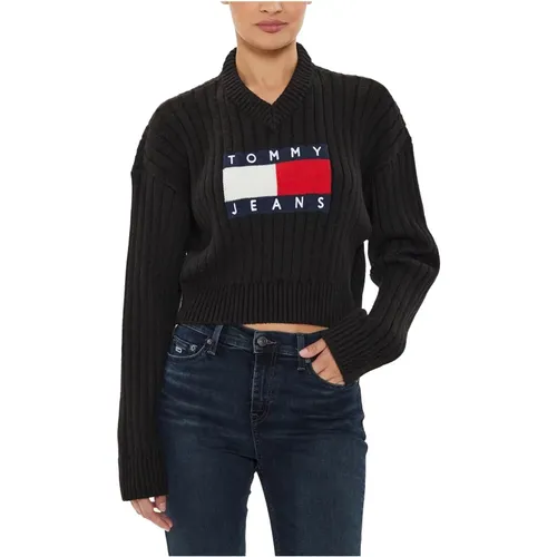 V-neck Knitwear, female, , Size: S Center Flag Sweater Autumn/Winter Collection - Tommy Jeans - Modalova