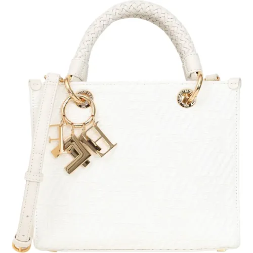 Small White Jacquard Charm Shopper Bag , female, Sizes: ONE SIZE - Elisabetta Franchi - Modalova