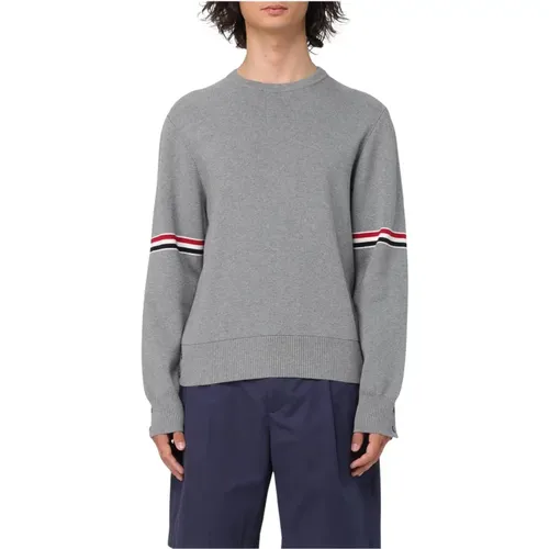 Round-neck Knitwear, male, , Size: 2XL Crew Neck Sweater with Grosgrain Stripes - Thom Browne - Modalova