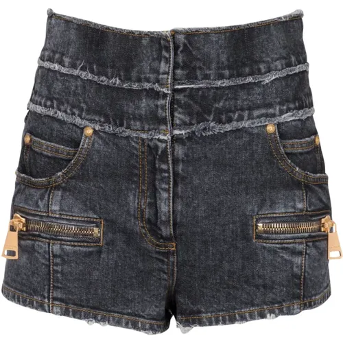 High-waisted faded denim mini-shorts , female, Sizes: S - Balmain - Modalova