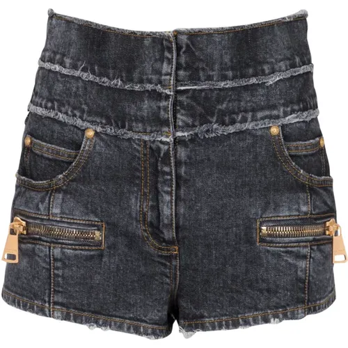 Hoch geschnittene Mini-Shorts aus verwaschenem Denim , Damen, Größe: XS - Balmain - Modalova