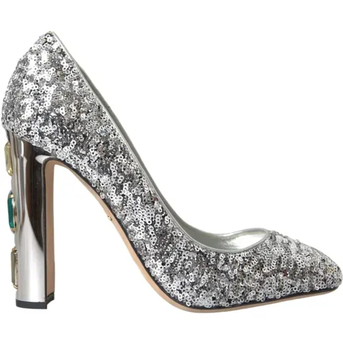 Pumps, female, , Size: 7 US Silver Sequin Crystal Heels Pumps - Dolce & Gabbana - Modalova