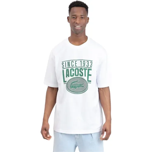 Weißes T-Shirt mit Grünem Druck , Herren, Größe: XL - Lacoste - Modalova