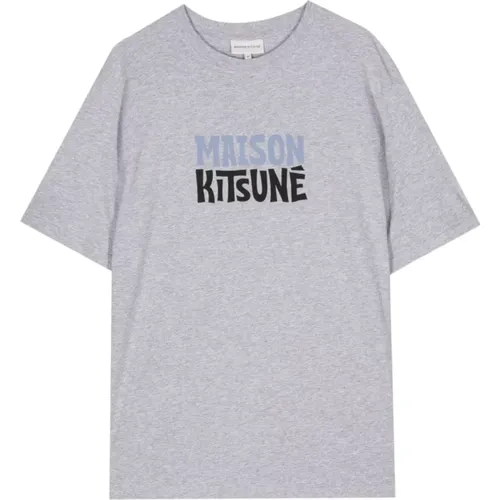 Graues Logo-Print Crew Neck T-Shirt , Herren, Größe: L - Maison Kitsuné - Modalova