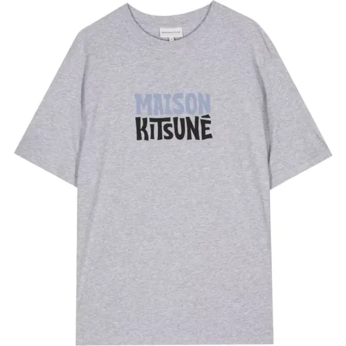 Graues Logo-Print Crew Neck T-Shirt , Herren, Größe: XS - Maison Kitsuné - Modalova