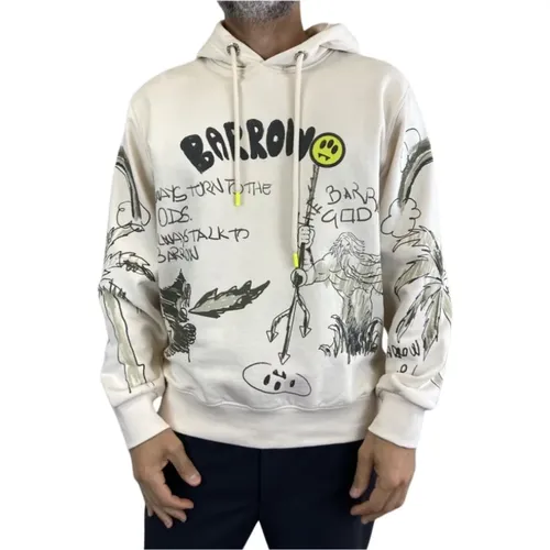 Beige Hoodie with Drawings and Hood , male, Sizes: M - Barrow - Modalova