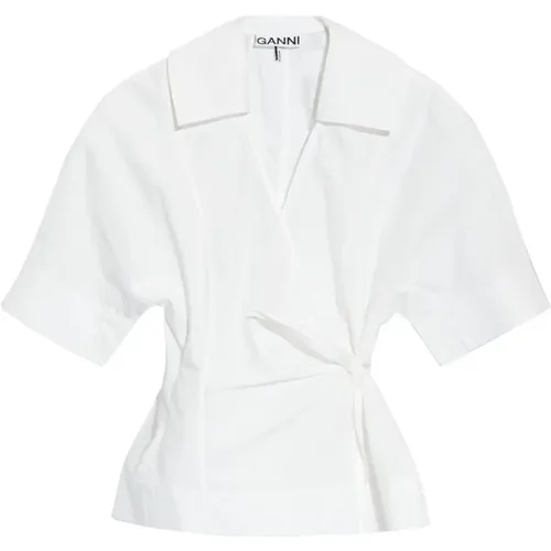 Weiße Baumwoll-Popeline-Wrap-Bluse , Damen, Größe: M - Ganni - Modalova