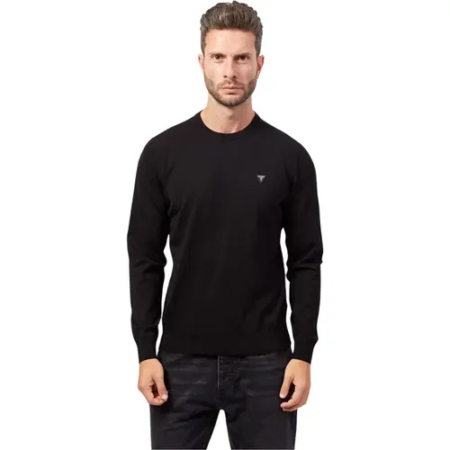 Schwarzer Rundhalsausschnitt Pullover Logo Rippenbund , Herren, Größe: M - Guess - Modalova