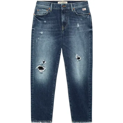 Straight Jeans, male, , Size: W33 Medium Washed Denim Jeans with Distressed Details and Carrot Fit - Roy Roger's - Modalova