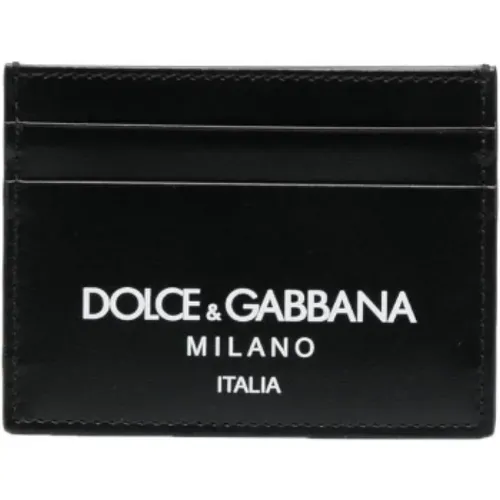 Schwarzer Lederkartenhalter mit Logo-Druck - Dolce & Gabbana - Modalova