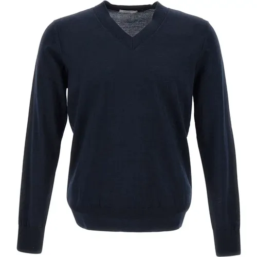 V-neck Knitwear, male, , Size: L Navy Wool V-Neck Sweater - Paolo Pecora - Modalova