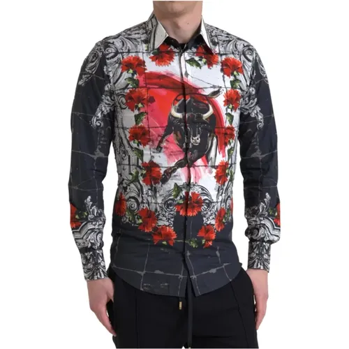 Floral Bull Print Collared Shirt , male, Sizes: M - Dolce & Gabbana - Modalova