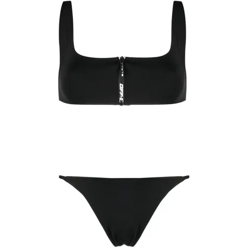 Bikini mit Reißverschluss und Logo-Print , Damen, Größe: 2XS - Off White - Modalova
