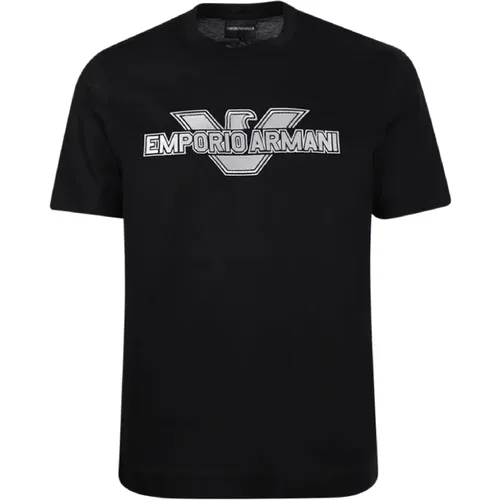 Schwarzes Baumwoll-T-Shirt mit Adler-Logo - Emporio Armani - Modalova