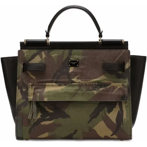 Handbags, female, , Size: ONE SIZE Large Sicily 62 Camouflage Tote Bag - Dolce & Gabbana - Modalova