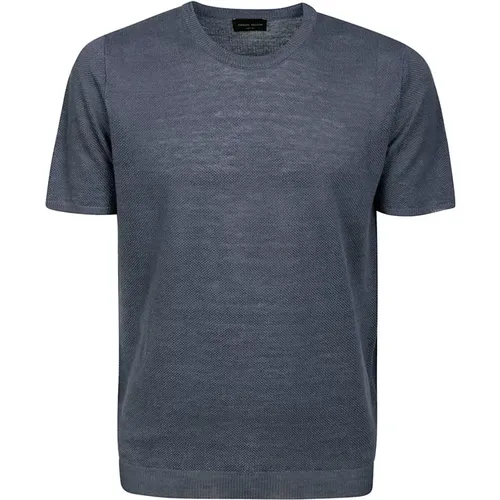 Blaues Leinen T-Shirt mit Halbärmeln , Herren, Größe: L - Roberto Collina - Modalova