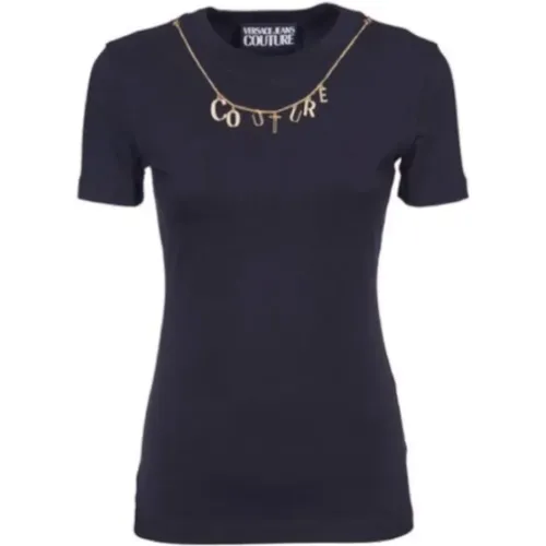 Schwarzes Baumwoll-T-Shirt mit abnehmbarer Logo-Kette - Versace Jeans Couture - Modalova