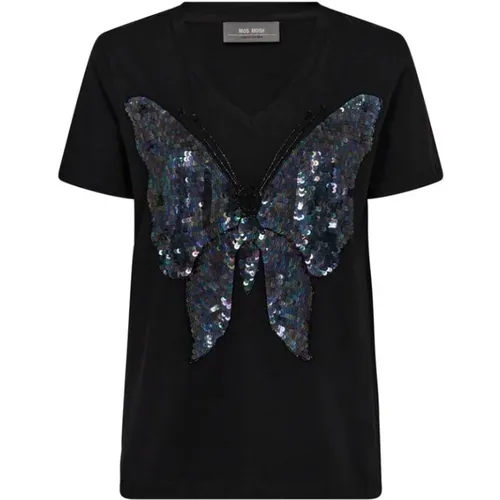 Schwarzes V-Ausschnitt T-Shirt mit blauem Pailletten-Schmetterling , Damen, Größe: L - MOS MOSH - Modalova