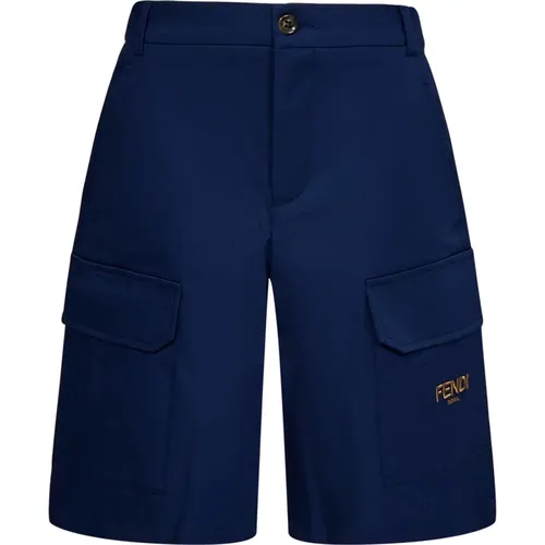 Blaue Shorts für Jungen mit Verdecktem Verschluss und Monogramm-Band - Fendi - Modalova