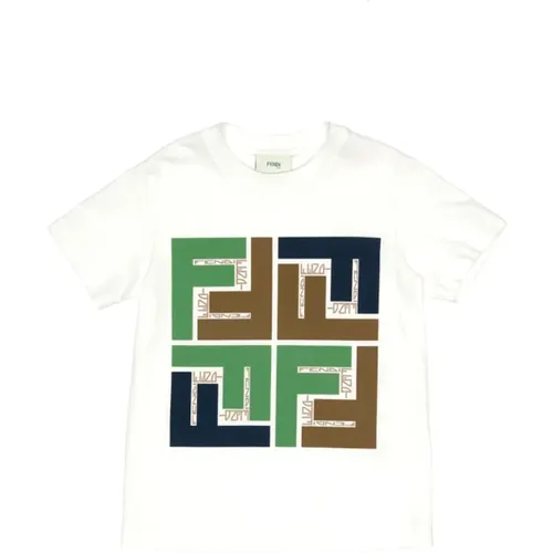 Kinder Weißes T-Shirt mit Macropuzzled Logo - Fendi - Modalova