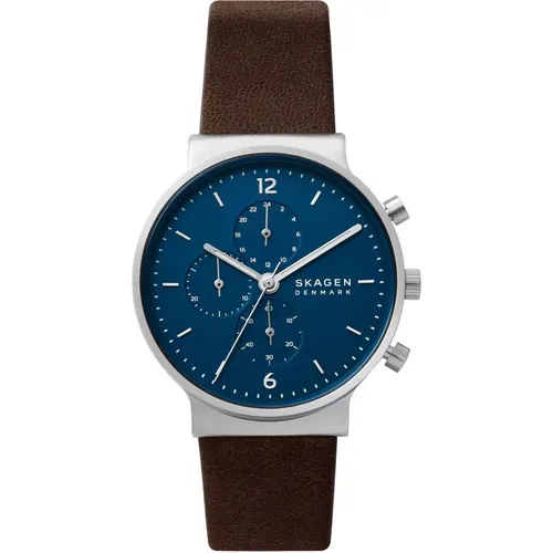 Watches, male, , Size: ONE SIZE Ancher Leather Watch Blue Dial - skagen - Modalova