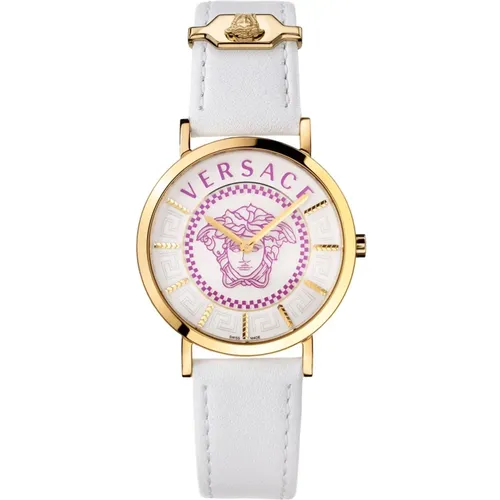 Watches, female, , Size: ONE SIZE Essential Women's Watch Gold Leather White - Versace - Modalova