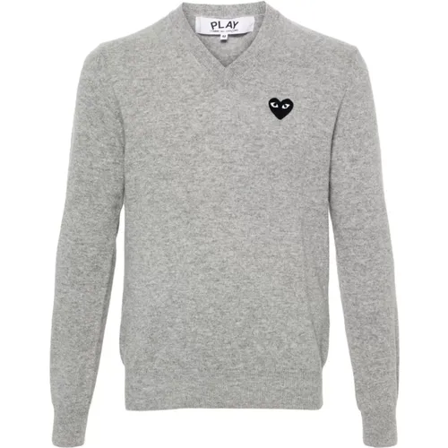 V-neck Knitwear, male, , Size: M Grey Heart Patch Pullover Sweater - Comme des Garçons - Modalova