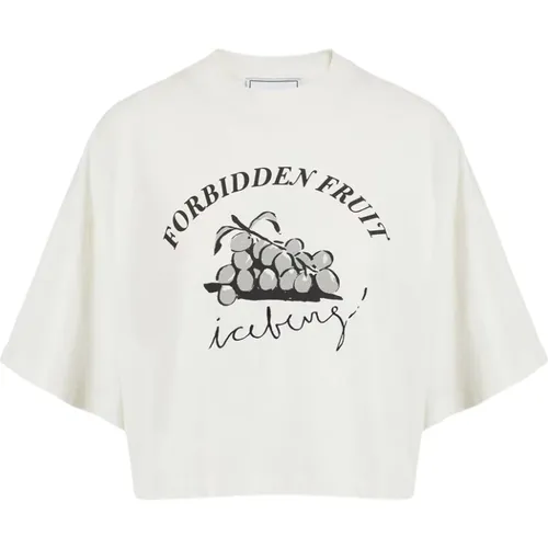 Kurzärmeliges weißes Cropped T-Shirt mit Forbidden Fruit Print , Damen, Größe: S - Iceberg - Modalova