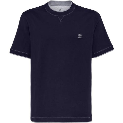 Blue Cotton T-Shirt With Embroidery - Größe L - BRUNELLO CUCINELLI - Modalova