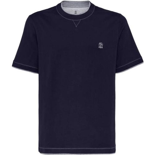 Blue Cotton T-Shirt With Embroidery - Größe L - blau - BRUNELLO CUCINELLI - Modalova