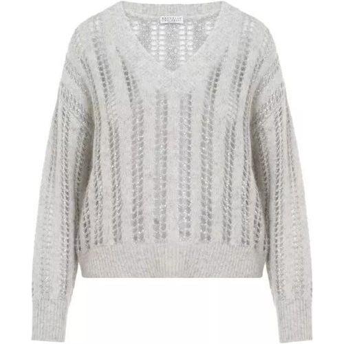 D Ribbed And Shiny Net Pearl Grey Wool Sweater - Größe M - BRUNELLO CUCINELLI - Modalova